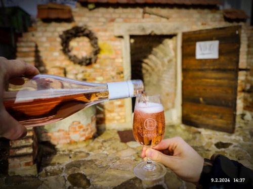 Roséčko z Zweigeltrebe vás v létě spolehlivě osvěží.  Vinařství Labuda - vinař nalévá z lahve perlivé víno do skleničky.