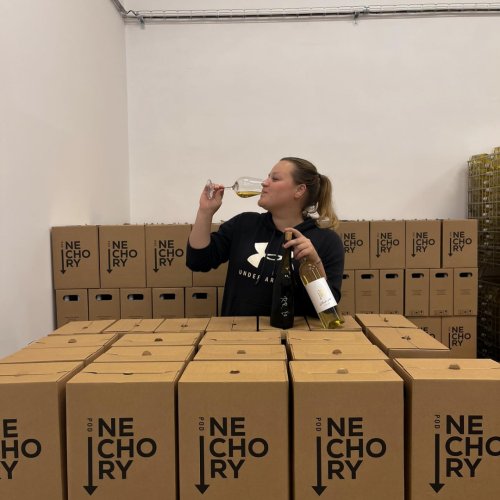Sommelierka vinařství Romana Marešová Sommelierka vinařství Romana Marešová stojí mezi krabicemi s vínem.