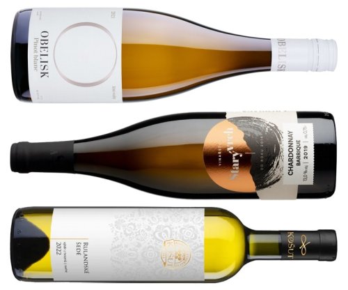 Pinot blanc vinařství Obelisk, Chardonnay vinařství Starý vrch a Rulandské šedé vinařství Košut lahve vína