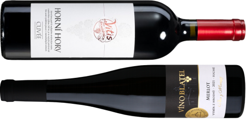 Cuvée Horní hory Vitisu Strážnice a Merlot Vína Blatel lahve vína
