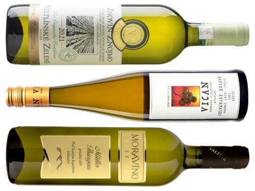 Veltlínské zelené Znovínu Znojmo, Sylvánské zelené vinařství Vican a Müller Thurgau vinařství Moravíno lahve vína