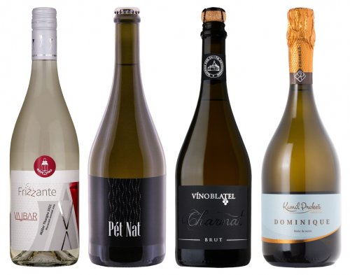 Příklady perlivých a šumivých vín. Zleva frizzante, pét-nat, sekt kvašený v tanku a sekt kvašený v lahvi