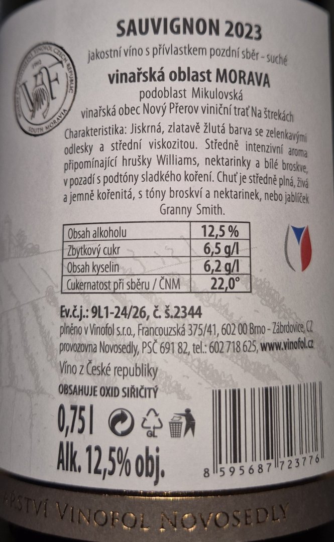 Fľaša vína Sauvignon 2023, pozdný sber (suché)