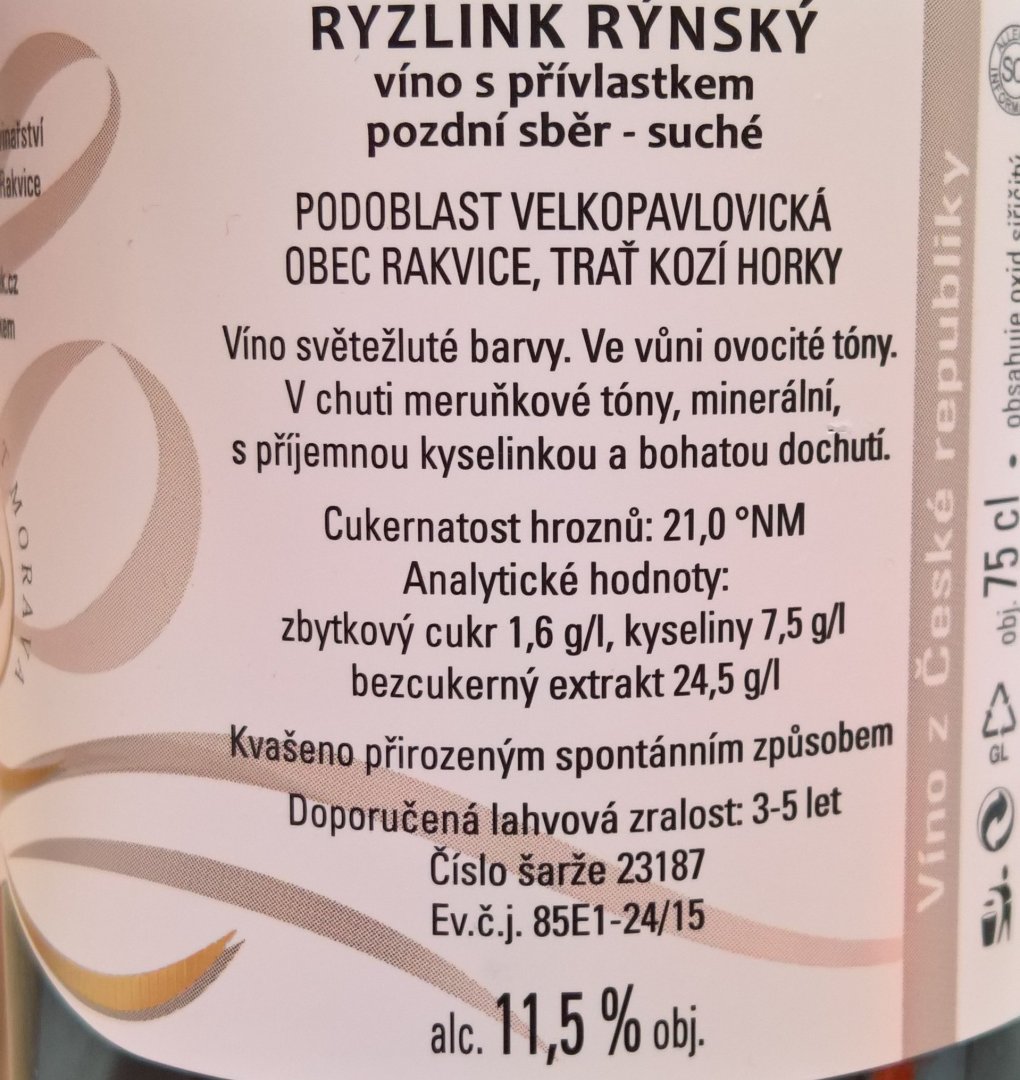 Fľaša vína Ryzlink rýnský 2023, pozdný sber (suché)