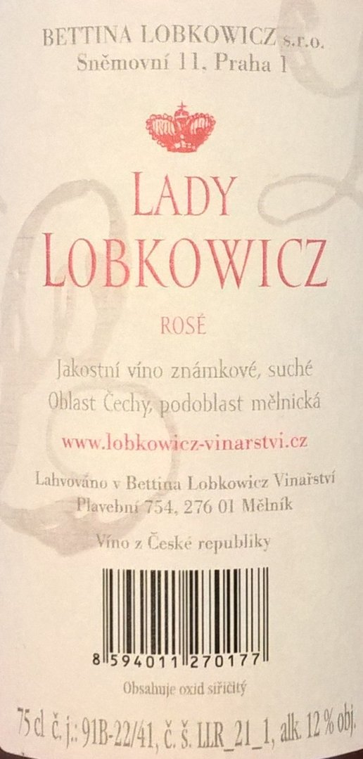 Fľaša vína Lady Lobkowicz Rosé 2021, české zemské víno (suché)