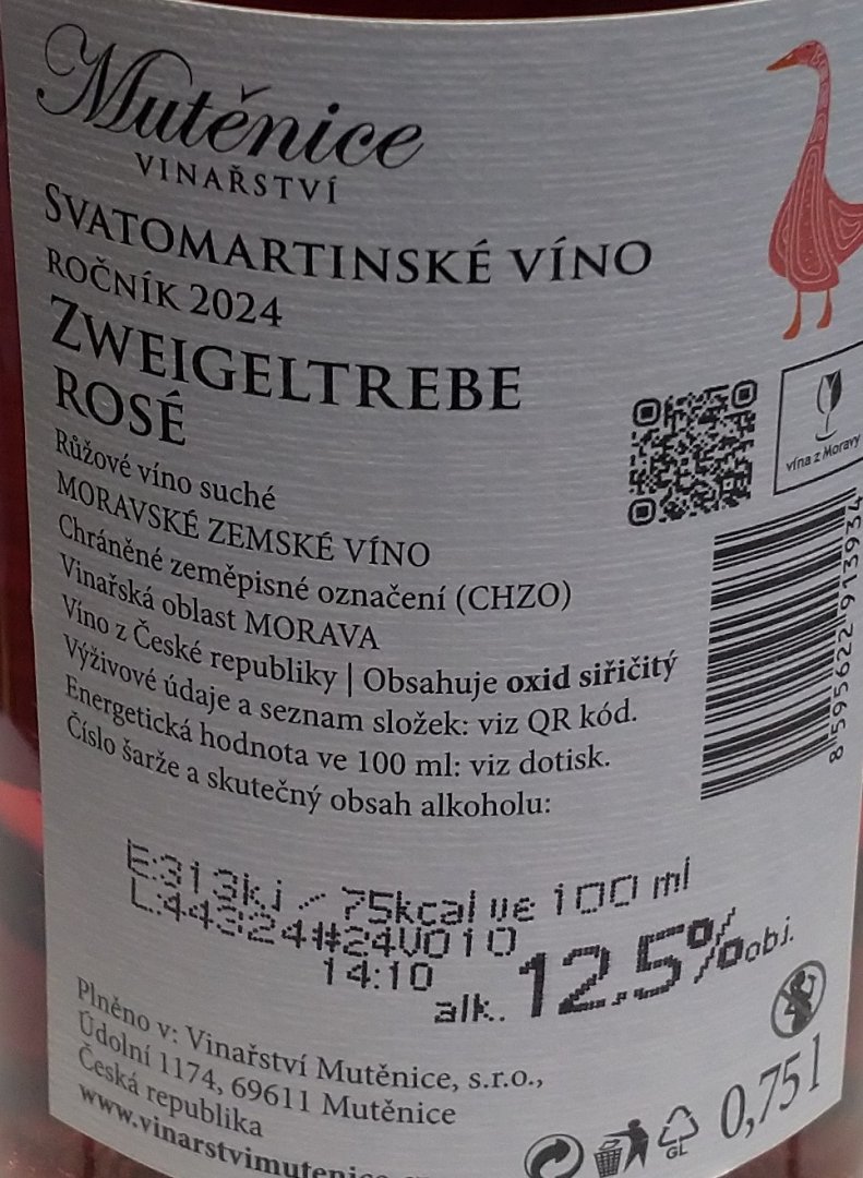 Fľaša vína Zweigeltrebe Rosé Svatomartinské 2024, moravské zemské víno (suché)