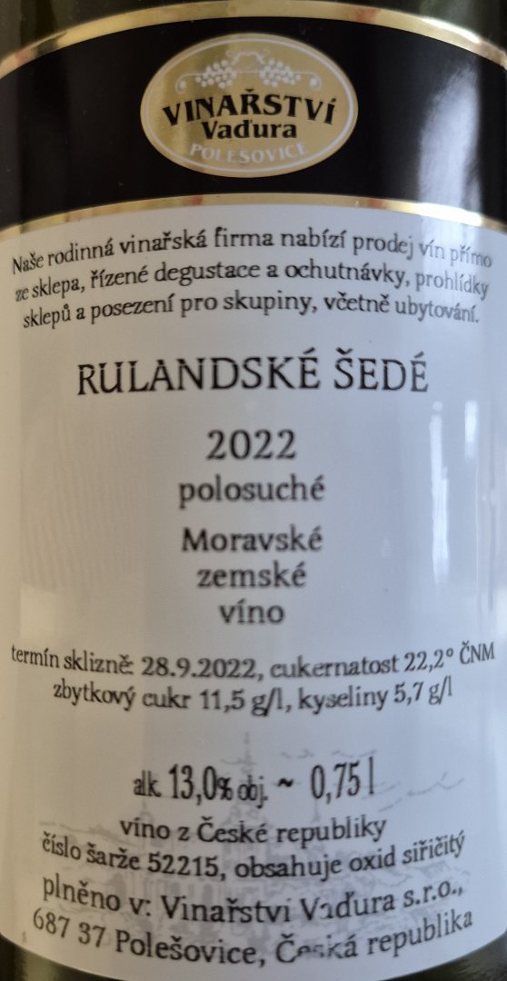 Fľaša vína Rulandské šedé 2022, moravské zemské víno (polosuché)