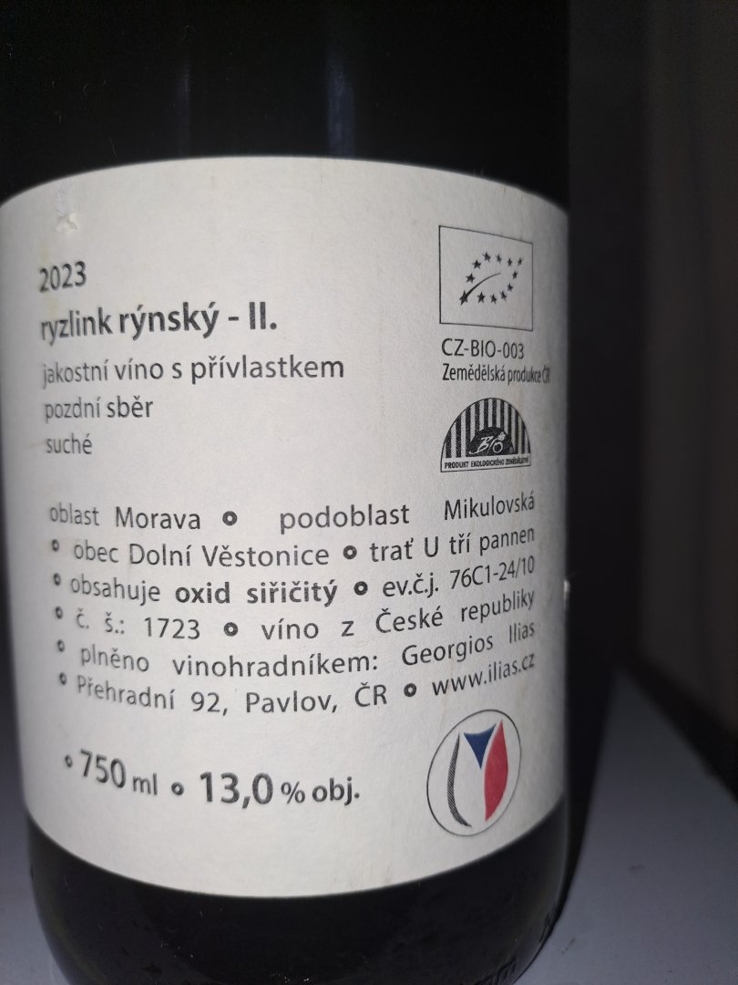 Fľaša vína Ryzlink rýnský II. 2023, pozdný sber (suché)
