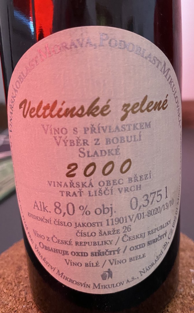 Fľaša vína Veltlínské zelené 2000, bobuľový výber (sladké)