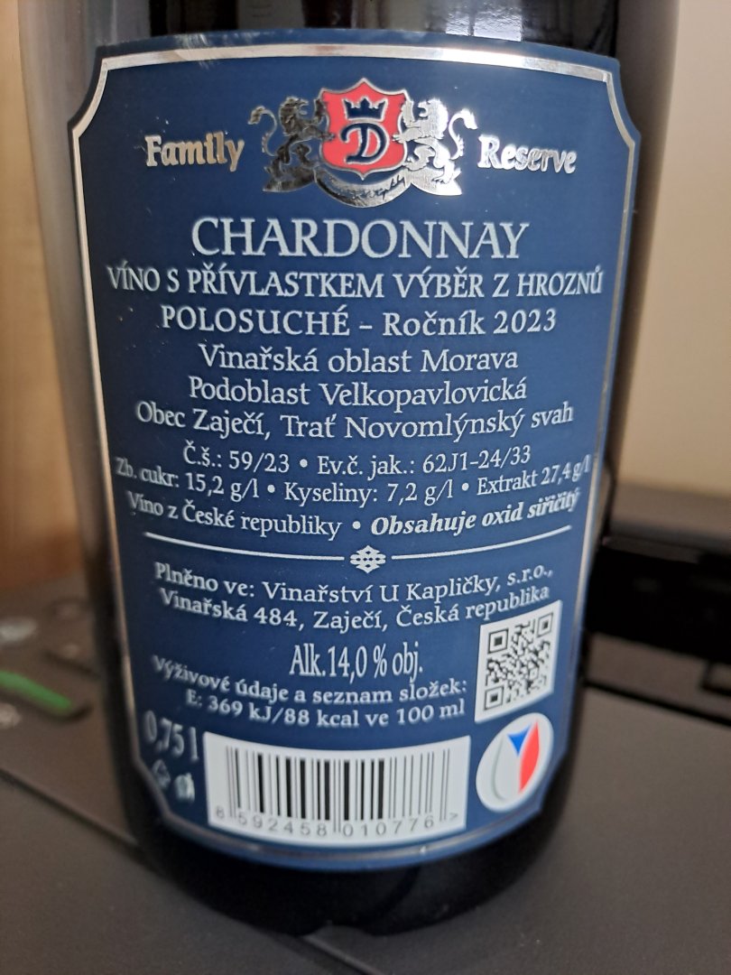 Fľaša vína Chardonnay 2023, výber z hrozna (polosladké)