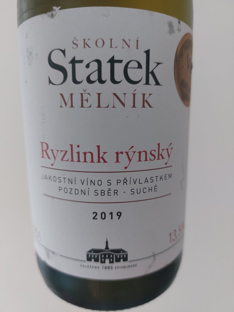 Fľaša vína Ryzlink rýnský 2019, pozdný sber (suché)