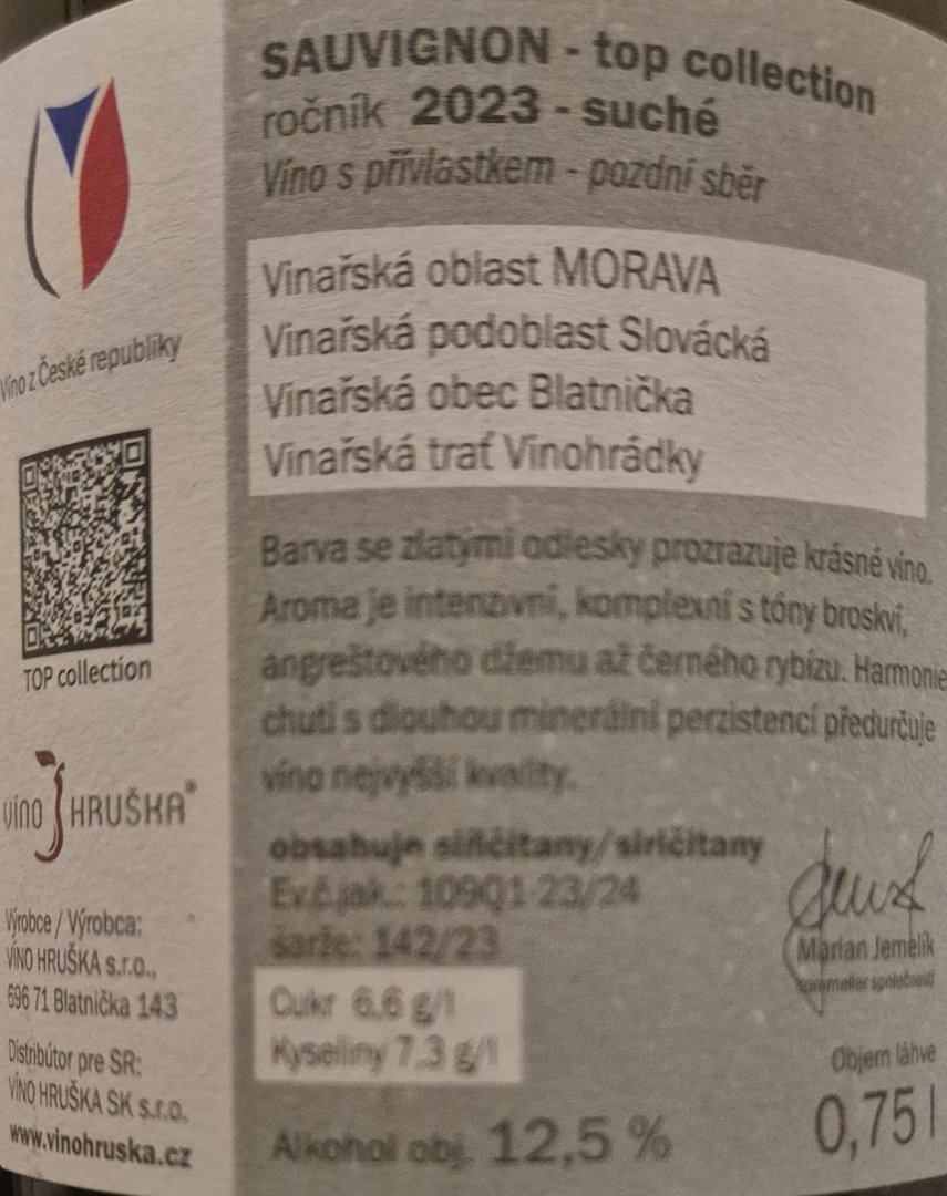 Fľaša vína Sauvignon Top collection 2023, pozdný sber (suché)