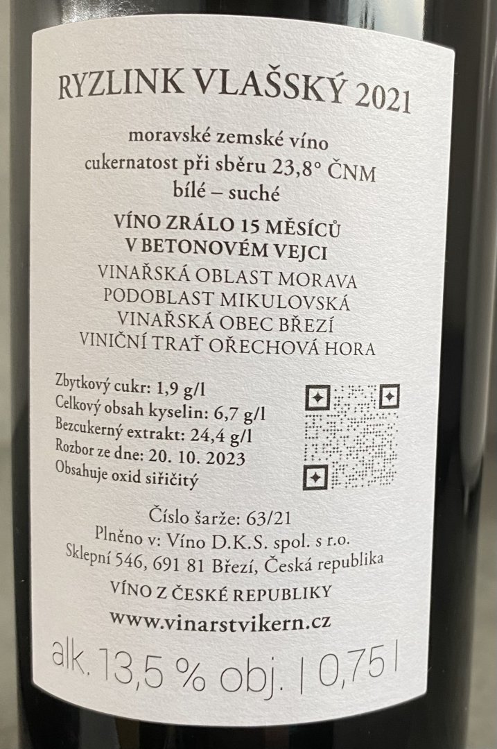 Fľaša vína Ryzlink vlašský - Betonové vejce 2021, zemské víno (suché)
