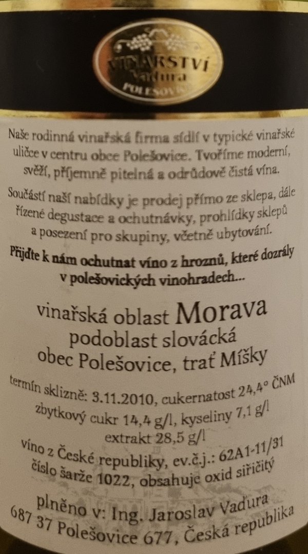 Fľaša vína Tramín červený 2010, výber z hrozna (polosladké)