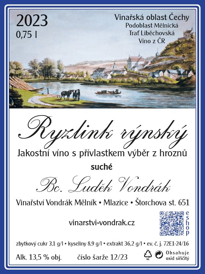 Fľaša vína Ryzlink rýnský 2023, výber z hrozna (suché)