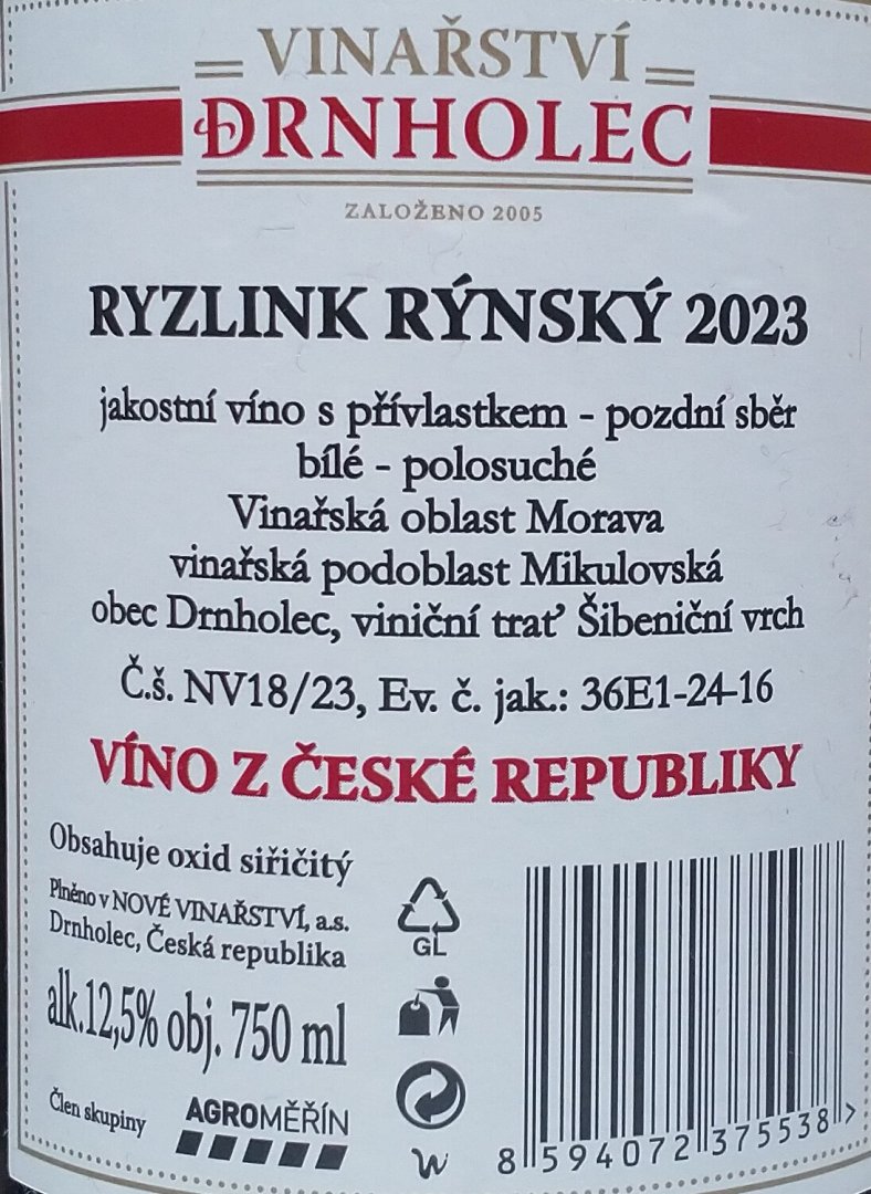 Fľaša vína Ryzlink rýnský (Vinařství Drnholec) 2023, pozdný sber (polosuché)