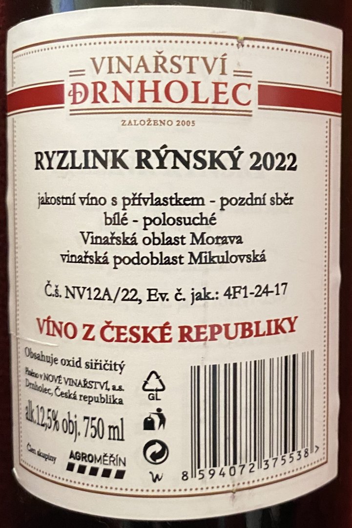 Fľaša vína Ryzlink rýnský (Vinařství Drnholec) 2022, pozdný sber (polosuché)