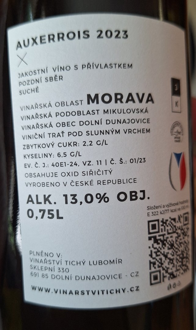 Fľaša vína Auxerrois 2023, pozdný sber (suché)