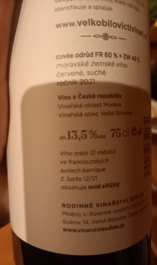 Fľaša vína Velká červená slípka 2021, zemské víno (suché)