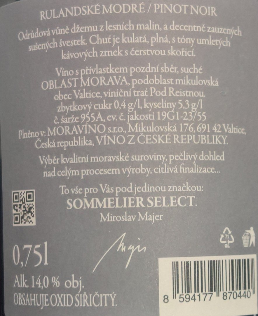 Fľaša vína Rulandské modré (Sommelier Select) 2021, pozdný sber (suché)