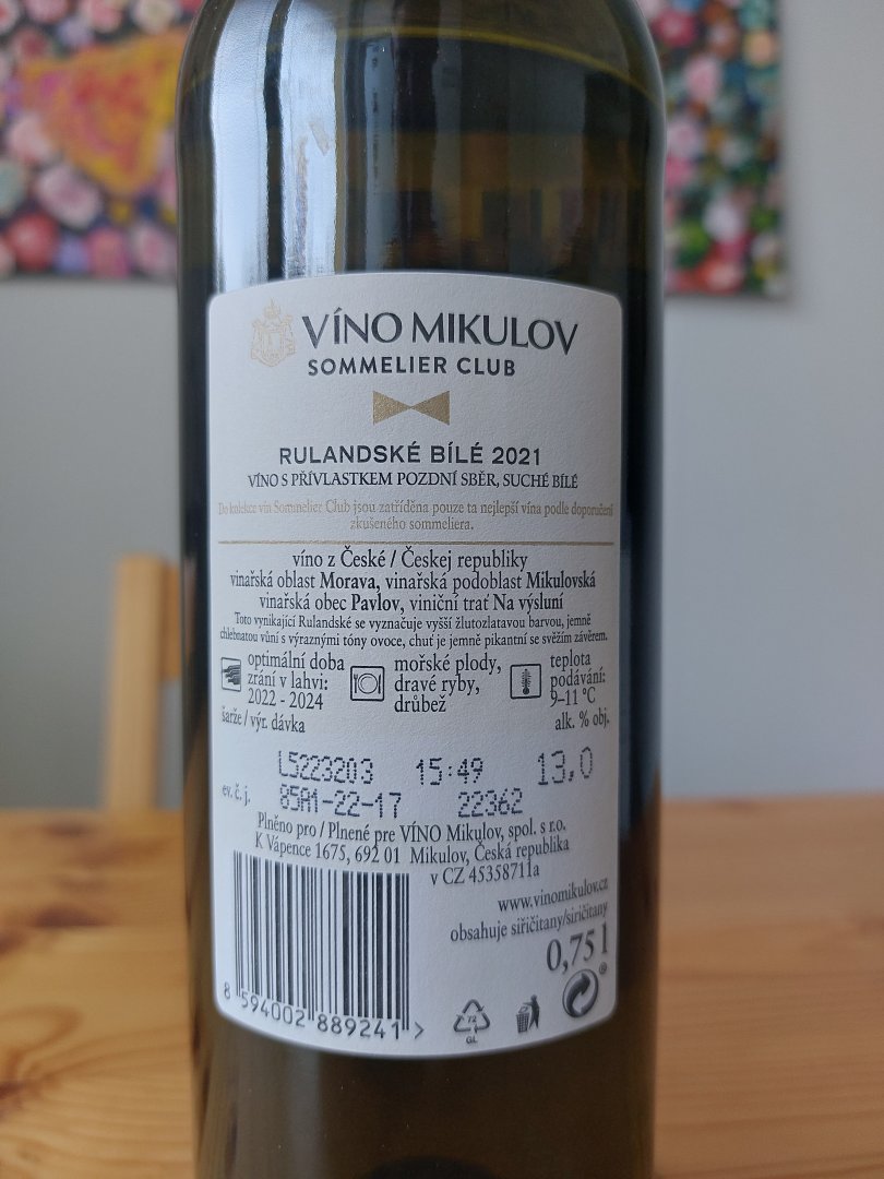 Fľaša vína Rulandské bílé 2021, pozdný sber