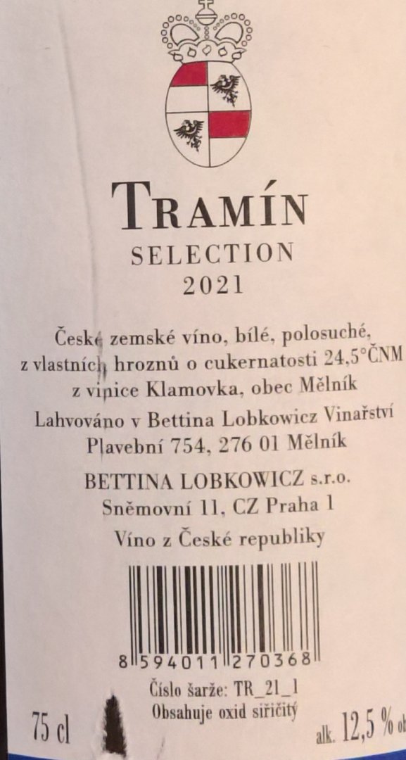 Fľaša vína Tramín Selection 2021, zemské víno (polosladké)
