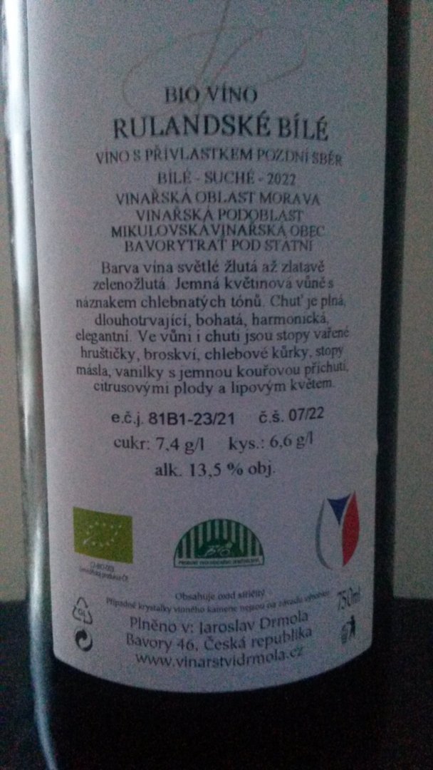 Fľaša vína Rulandské bílé 2022, pozdný sber (suché)