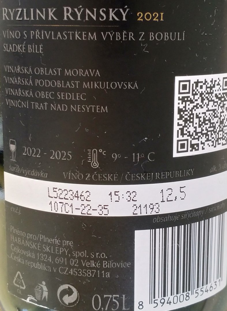 Fľaša vína Ryzlink rýnský 2021, bobuľový výber (sladké)