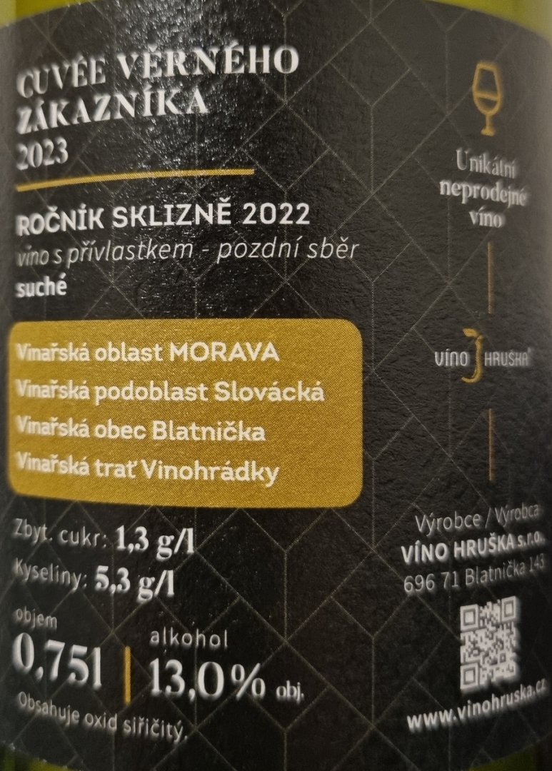 Fľaša vína Cuvée věrného zákazníka (Regent + Merlot + Frankovka) 2022, pozdný sber (suché)