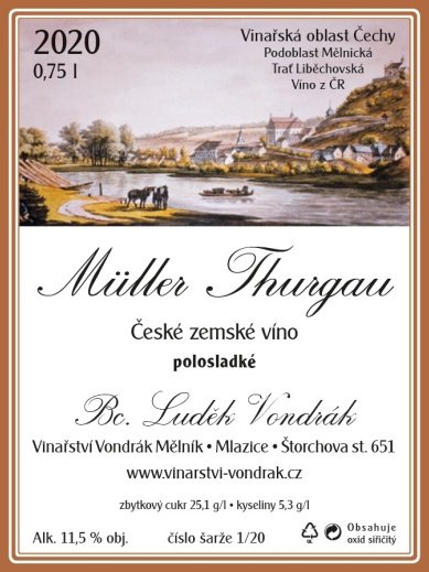 Fľaša vína Müller Thurgau 2020, zemské víno (polosladké)