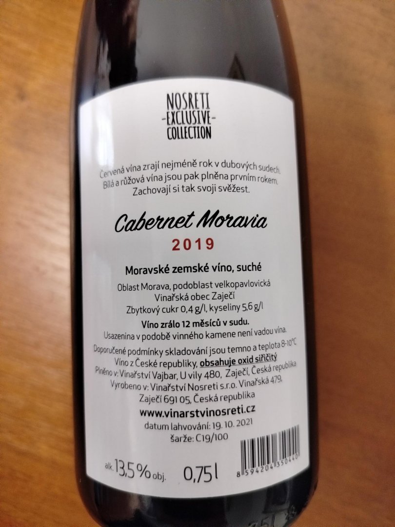 Fľaša vína Cabernet Moravia 2019, zemské víno (suché)