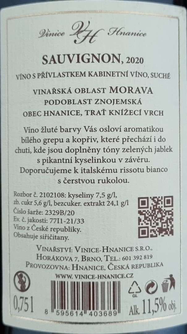 Fľaša vína Sauvignon 2020, kabinetné víno (suché)