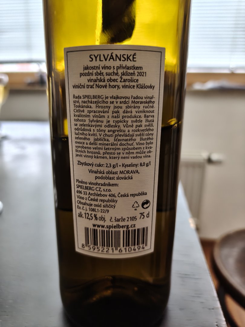 Fľaša vína Sylvánské zelené 2021, pozdný sber (suché)