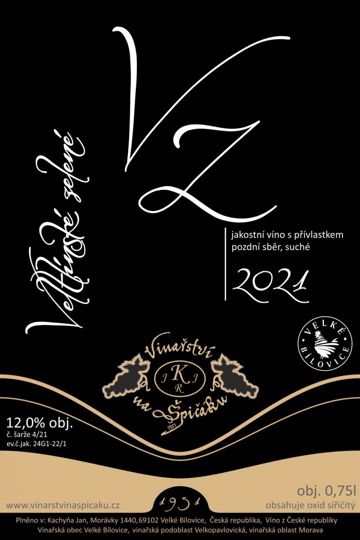 Fľaša vína Veltlínské zelené 2021, pozdný sber (suché)