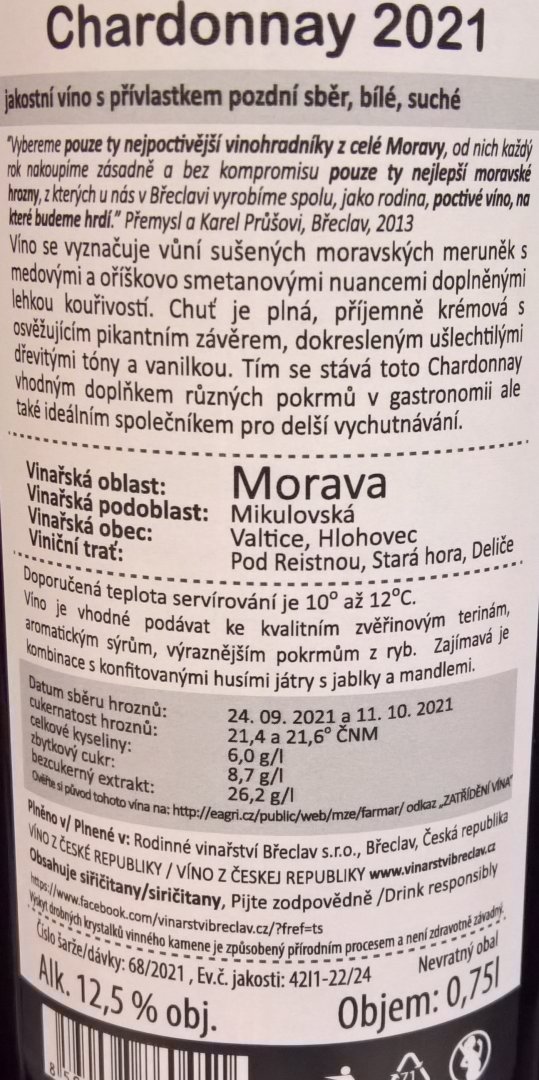Fľaša vína Chardonnay 2021, pozdný sber (polosuché)