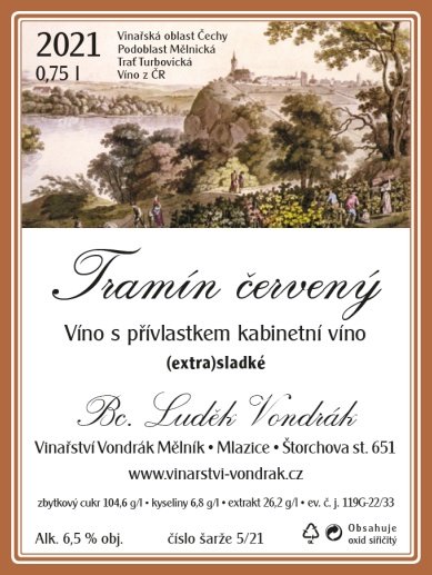 Fľaša vína Tramín červený 2021, kabinetné víno (sladké)