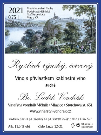 Fľaša vína Ryzlink rýnský - červený 2021, kabinetné víno (suché)