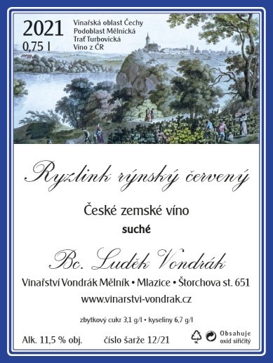 Fľaša vína Ryzlink rýnský - červený 2021, kabinetné víno (suché)