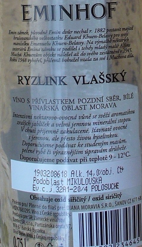 Fľaša vína Ryzlink vlašský 2018, pozdný sber (polosuché)