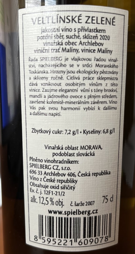 Fľaša vína Veltlínské zelené 2020, pozdný sber (suché)