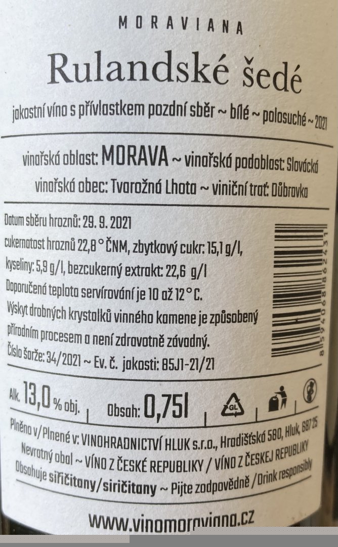 Fľaša vína Rulandské šedé 2021, pozdný sber (polosuché)