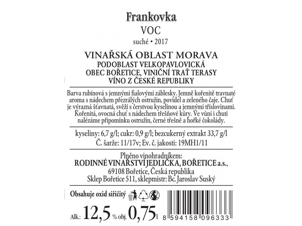 Fľaša vína Frankovka 2017, voc (suché)