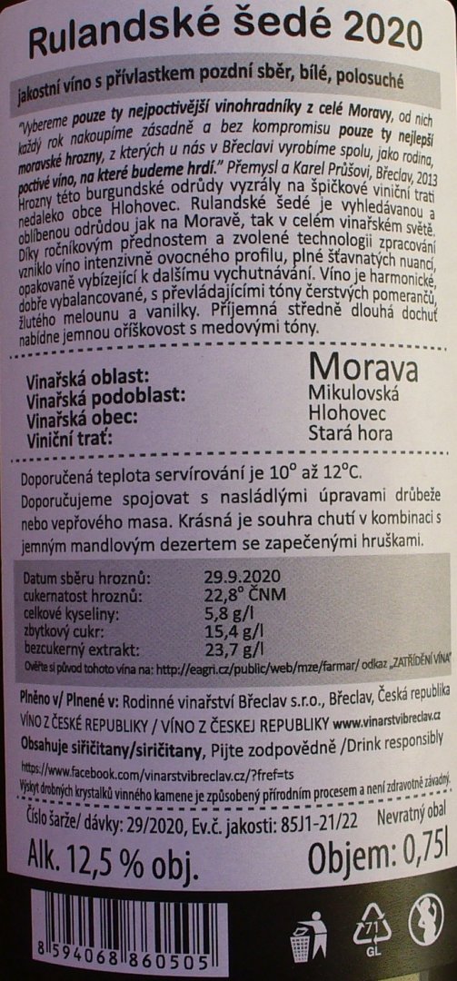 Fľaša vína Rulandské šedé 2020, pozdný sber (polosuché)