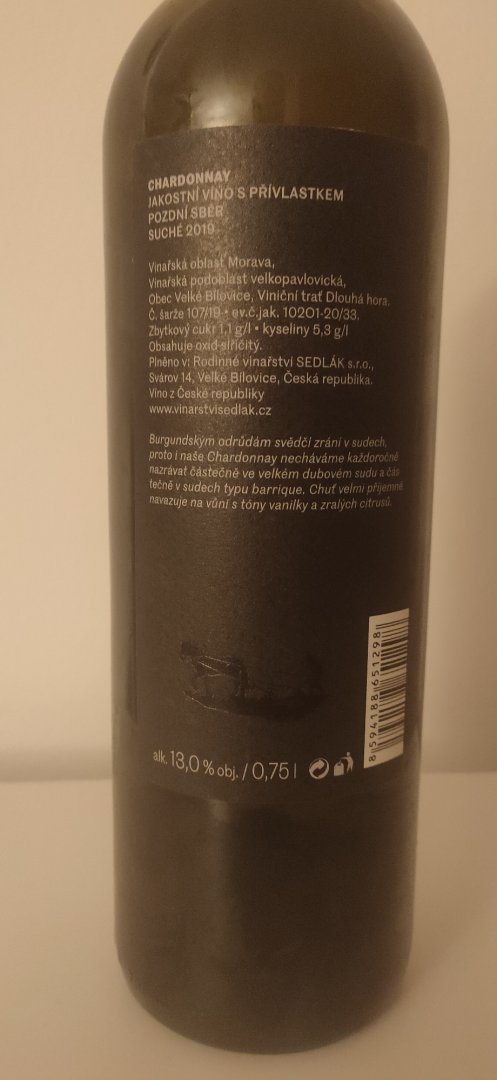 Fľaša vína Chardonnay 2019, pozdný sber (suché)