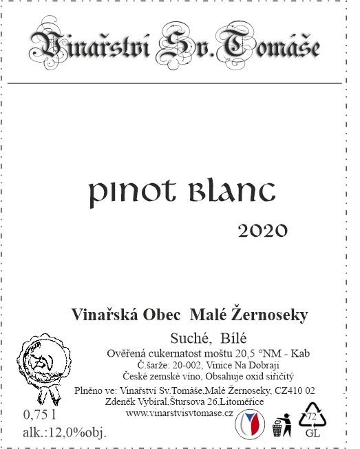 Fľaša vína Pinot blanc 2020, zemské víno (suché)