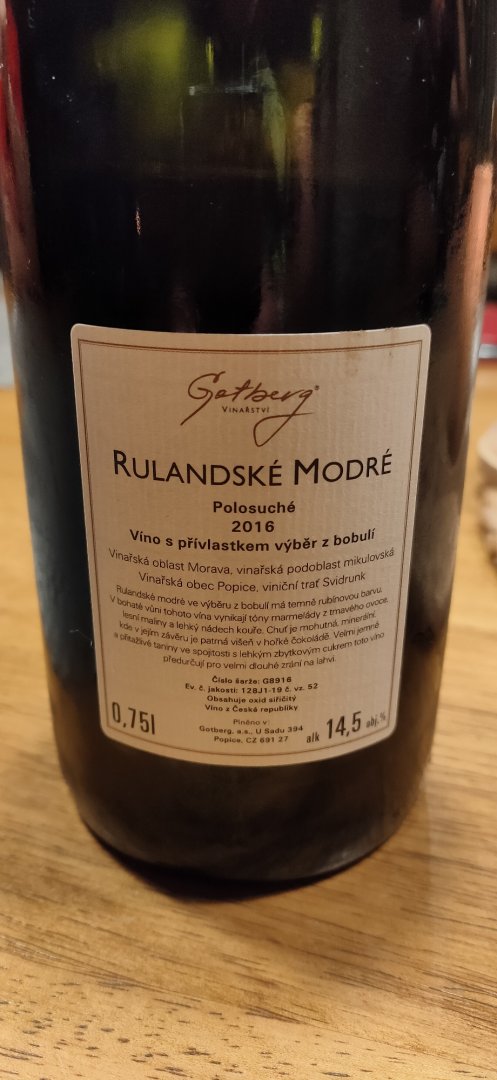 Fľaša vína Rulandské modré 2016, bobuľový výber (polosuché)