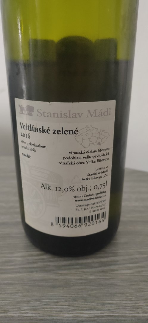 Fľaša vína Veltlínské zelené 2016, pozdný sber (suché)