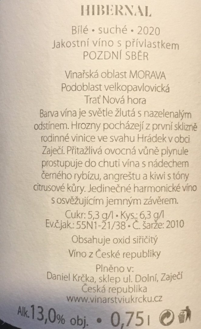 Fľaša vína Hibernal 2020, pozdný sber (suché)