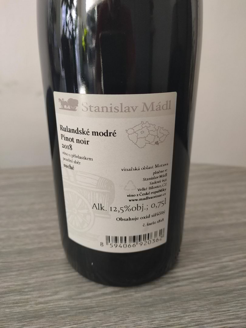 Fľaša vína Rulandské modré 2018, pozdný sber (suché)