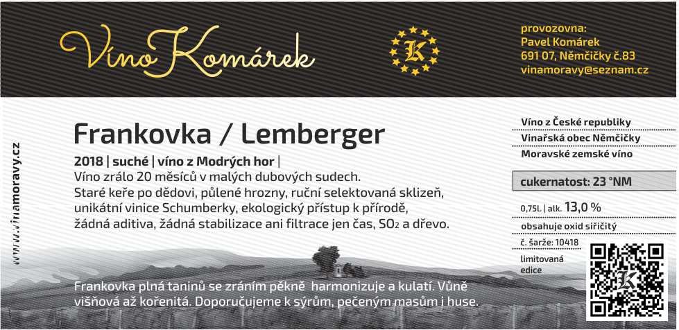 Fľaša vína Frankovka 2018, zemské víno (suché)